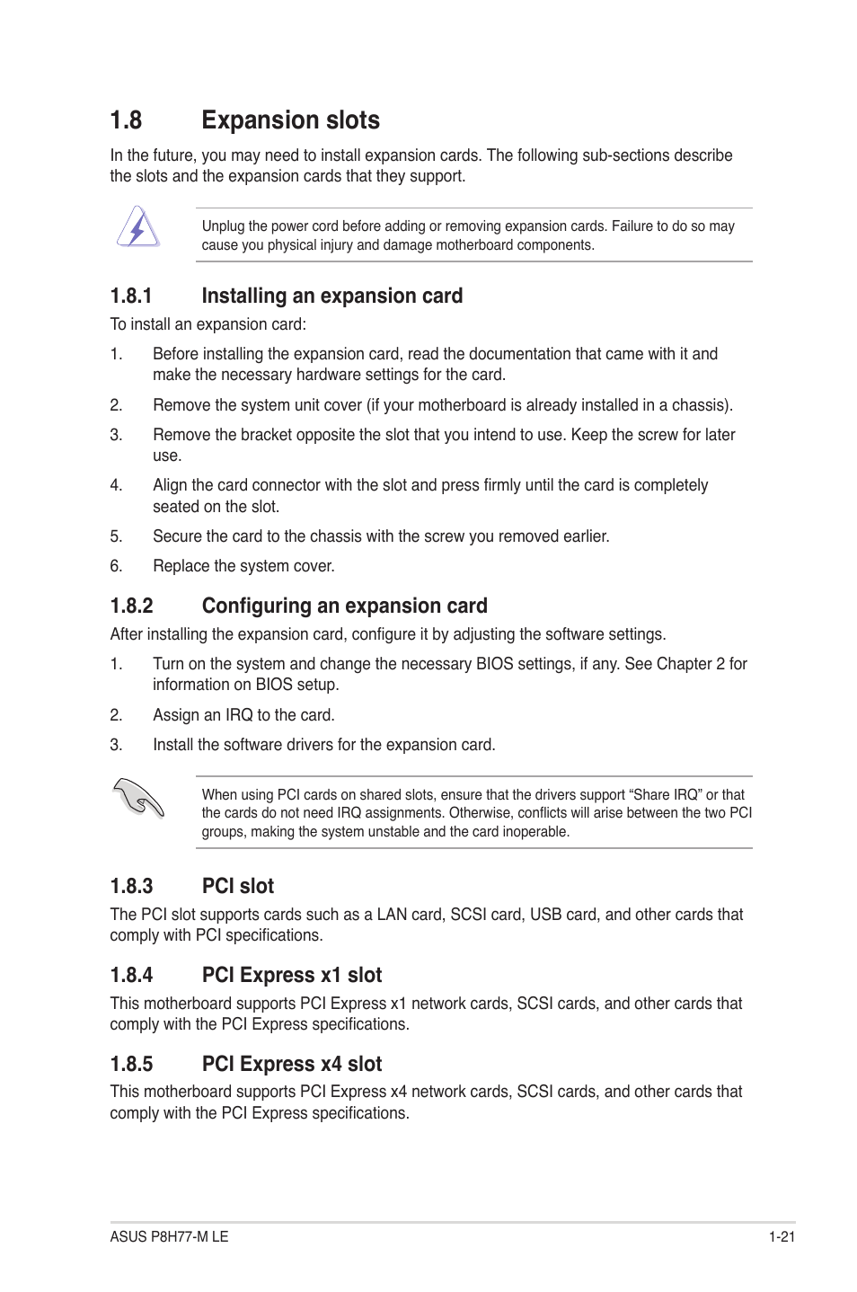 8 expansion slots, 1 installing an expansion card, 2 configuring an expansion card | 3 pci slot, 4 pci express x1 slot, 5 pci express x4 slot, Expansion slots -21 1.8.1, Installing an expansion card -21, Configuring an expansion card -21, Pci slot -21 | Asus P8H77-M LE User Manual | Page 31 / 78