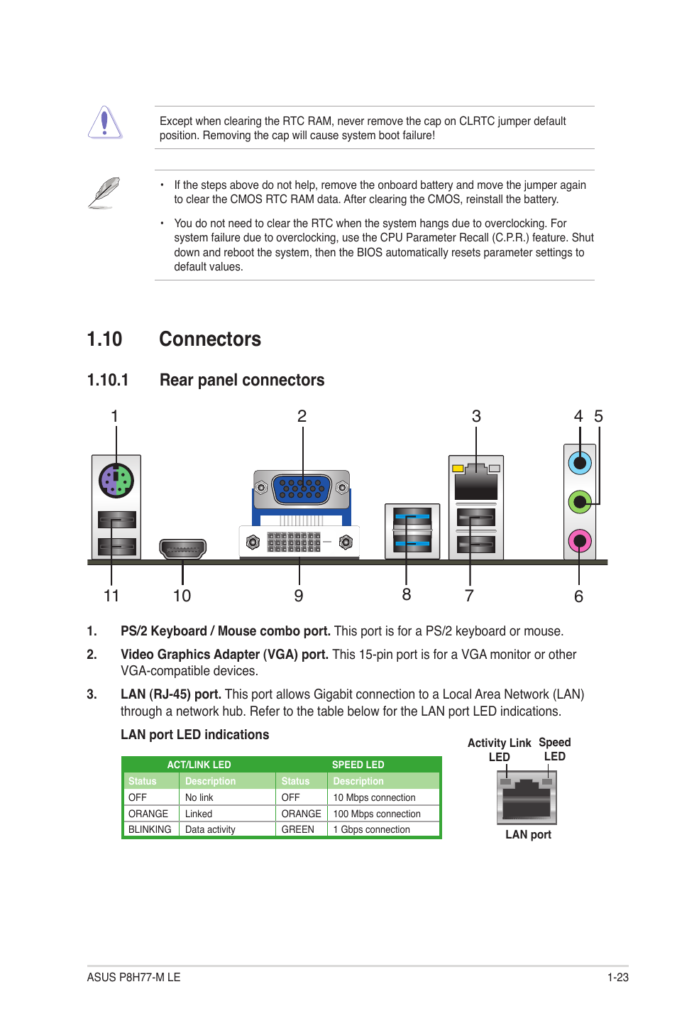 10 connectors, 1 rear panel connectors, 10 connectors -23 | 1 rear panel connectors -23 | Asus P8H77-M LE User Manual | Page 33 / 78