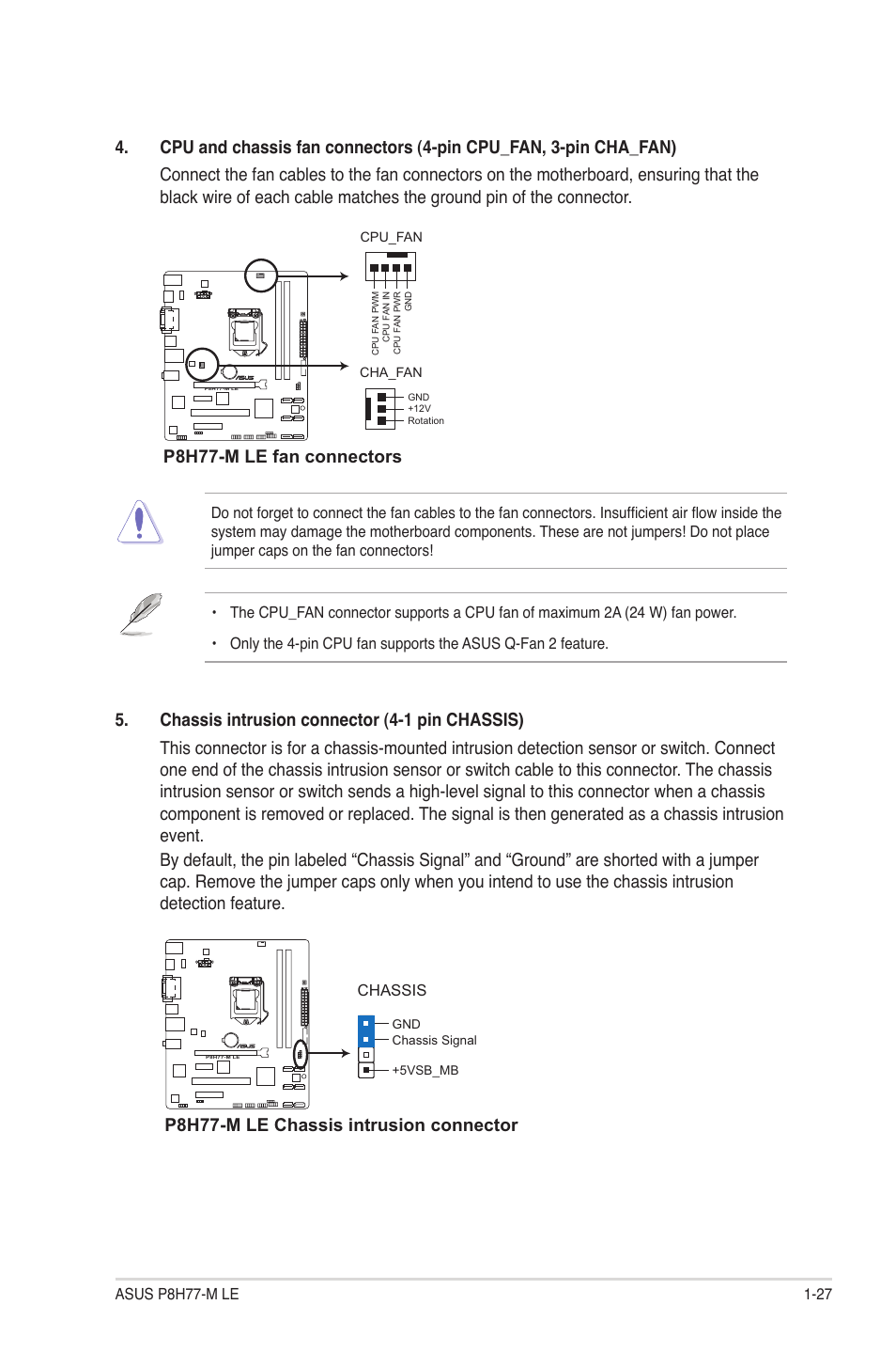 P8h77-m le fan connectors, P8h77-m le chassis intrusion connector | Asus P8H77-M LE User Manual | Page 37 / 78