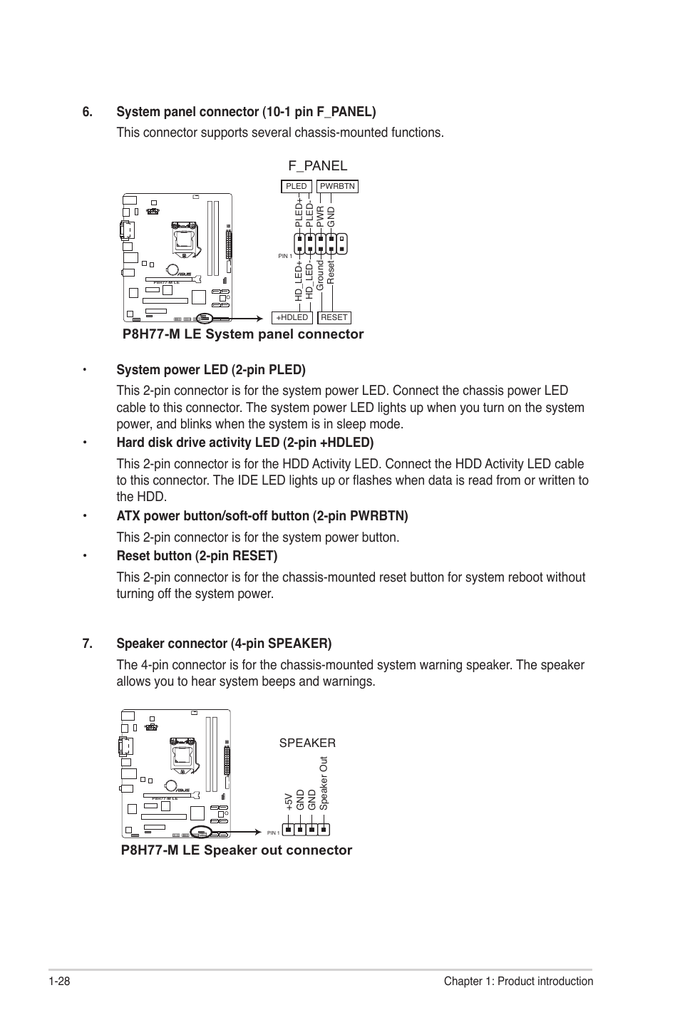 P8h77-m le system panel connector, F_panel, P8h77-m le speaker out connector | Asus P8H77-M LE User Manual | Page 38 / 78