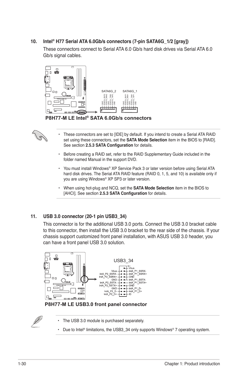 Intel, P8h77-m le intel, Sata 6.0gb/s connectors | Usb3_34, 30 chapter 1: product introduction, Limitations, the usb3_34 only supports windows, 7 operating system | Asus P8H77-M LE User Manual | Page 40 / 78