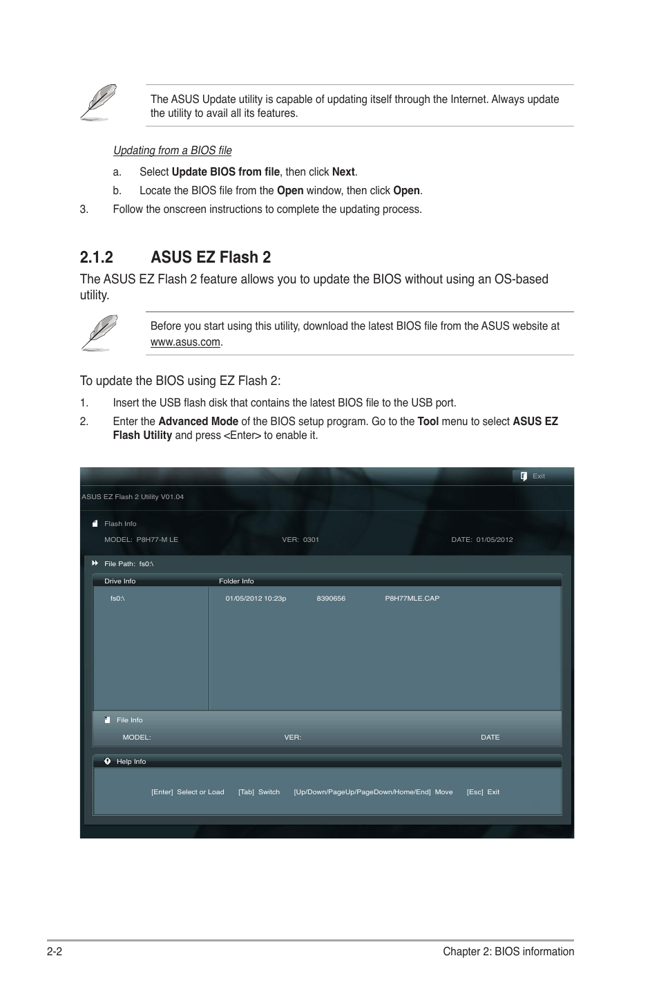 2 asus ez flash 2, Asus ez flash 2 -2, Updating from a bios file | Asus P8H77-M LE User Manual | Page 46 / 78