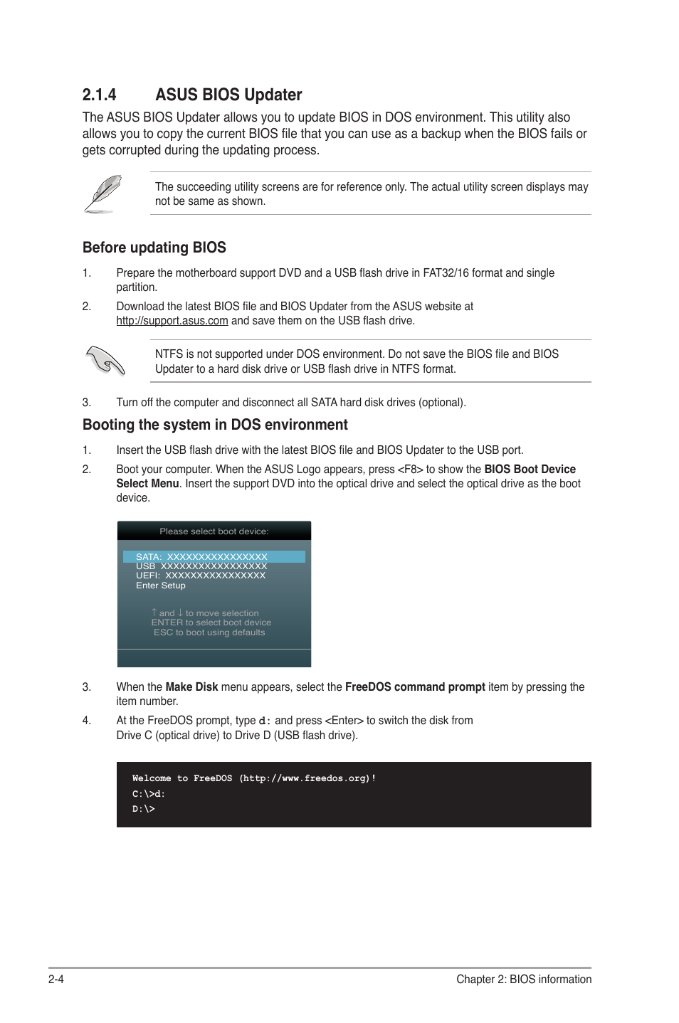 4 asus bios updater, Asus bios updater -4, Before updating bios | Booting the system in dos environment | Asus P8H77-M LE User Manual | Page 48 / 78