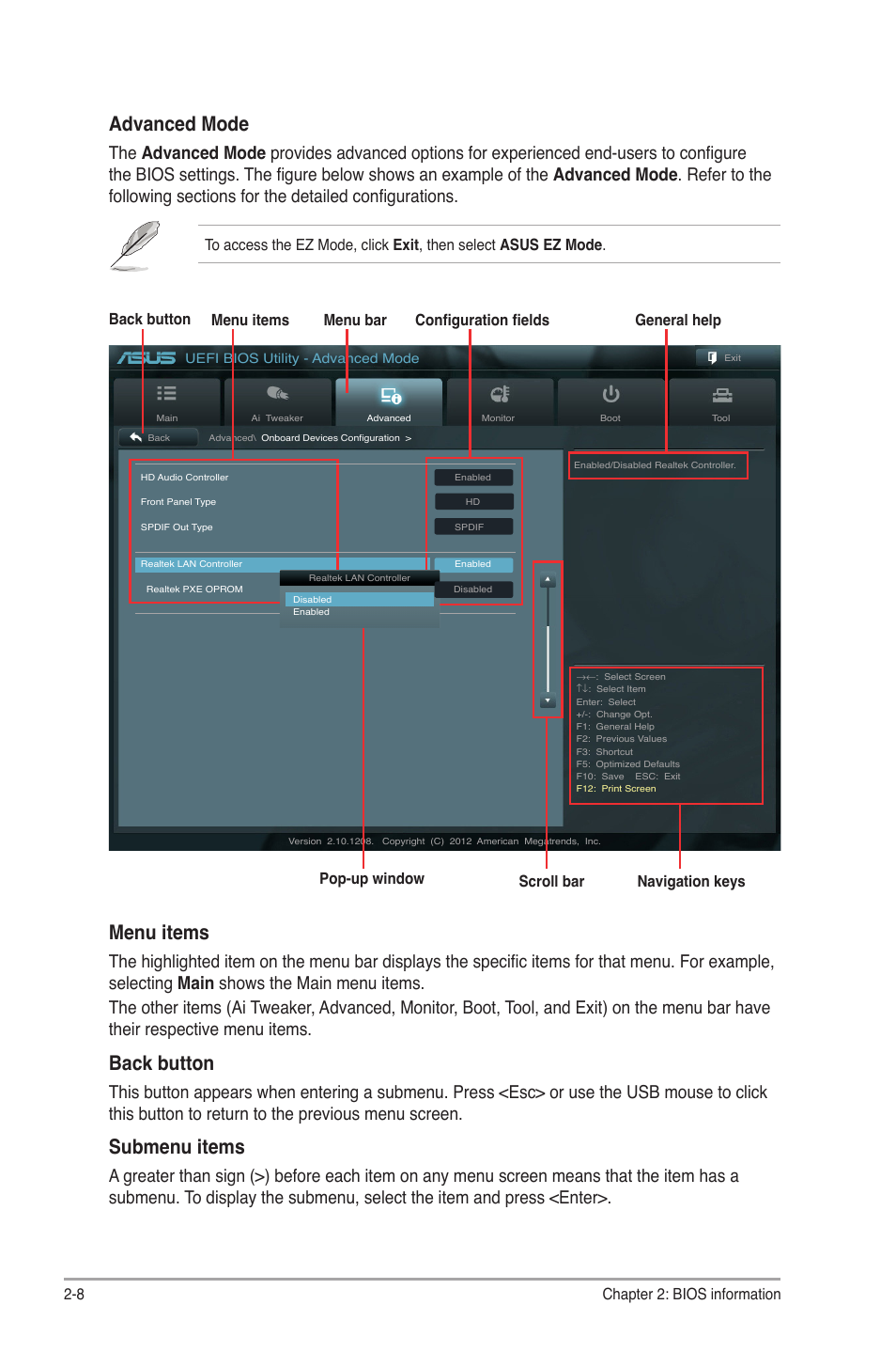 Advanced mode, Menu items, Back button | Submenu items | Asus P8H77-M LE User Manual | Page 52 / 78