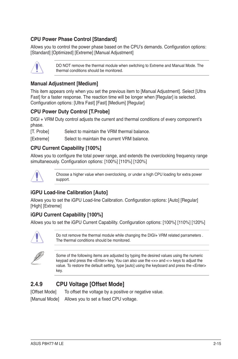 9 cpu voltage [offset mode, Cpu voltage [offset mode] -15 | Asus P8H77-M LE User Manual | Page 59 / 78