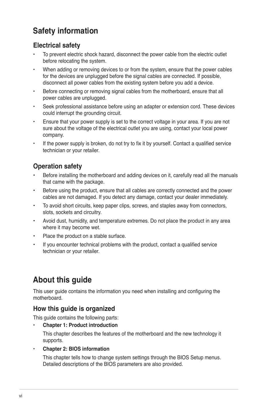 Safety information, About this guide, Electrical safety | Operation safety, How this guide is organized | Asus P8H77-M LE User Manual | Page 6 / 78