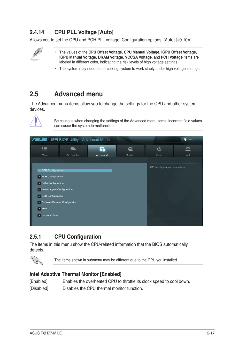 14 cpu pll voltage [auto, 5 advanced menu, 1 cpu configuration | 14 cpu pll voltage [auto] -17, Advanced menu -17 2.5.1, Cpu configuration -17, Intel adaptive thermal monitor [enabled | Asus P8H77-M LE User Manual | Page 61 / 78