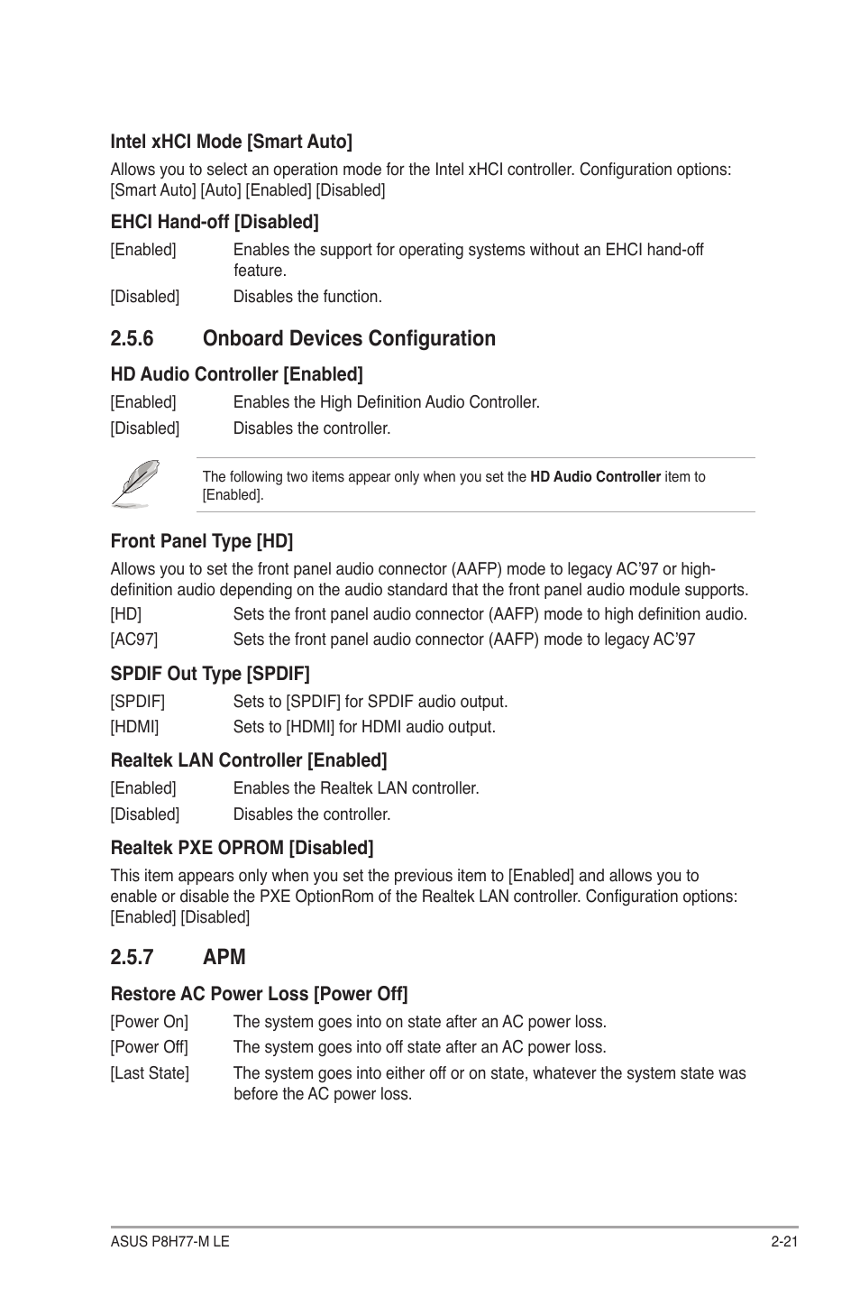 6 onboard devices configuration, 7 apm, Onboard devices configuration -21 | Apm -21 | Asus P8H77-M LE User Manual | Page 65 / 78