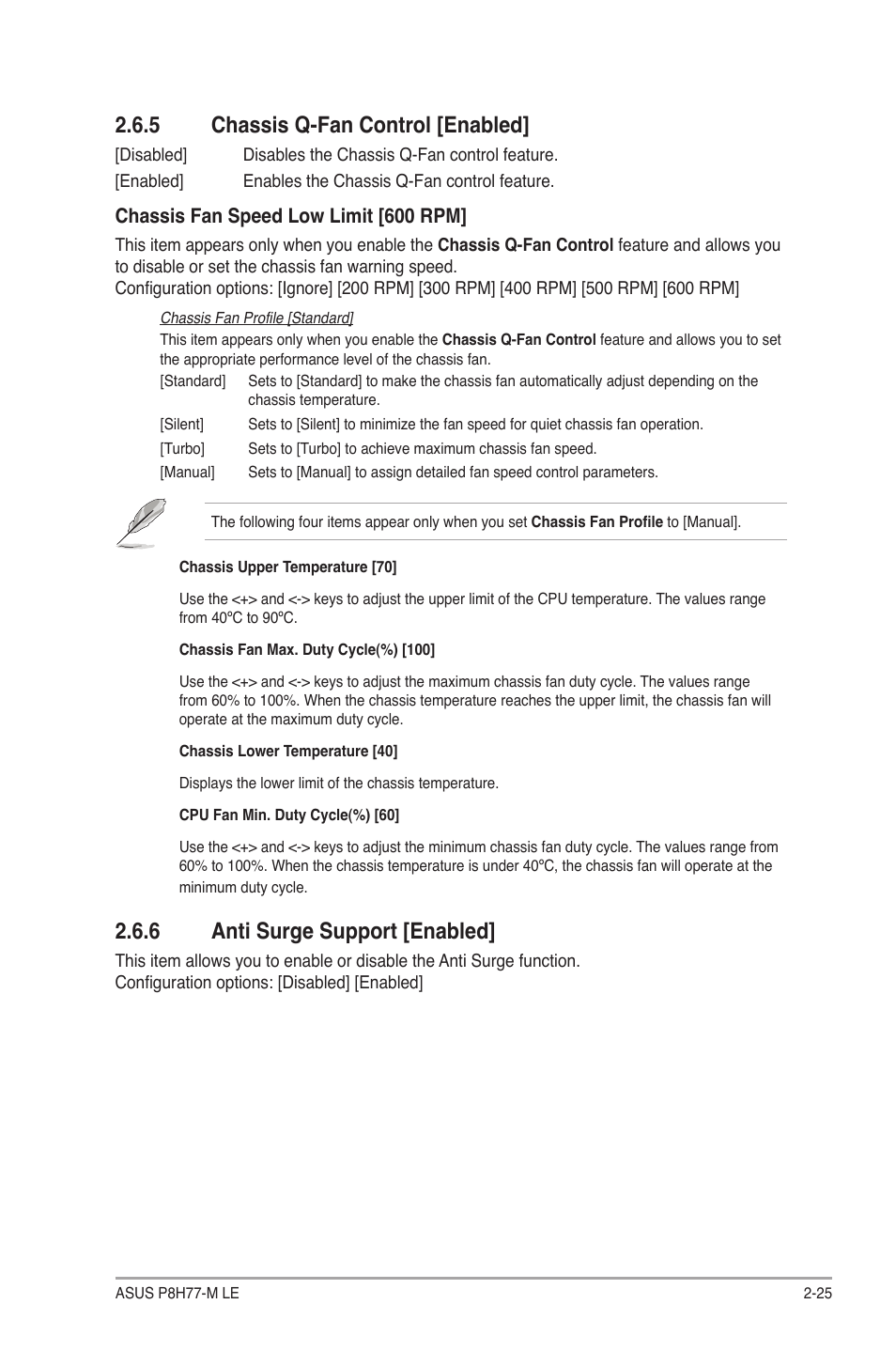 5 chassis q-fan control [enabled, 6 anti surge support [enabled, Chassis q-fan control [enabled] -25 | Anti surge support [enabled] -25 | Asus P8H77-M LE User Manual | Page 69 / 78