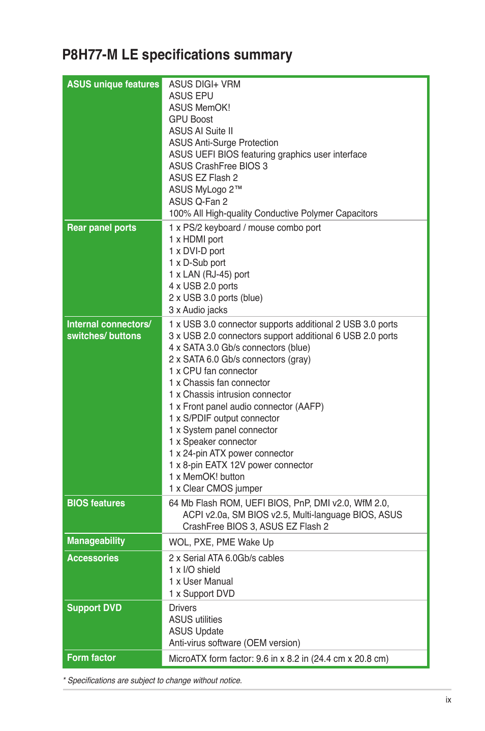 P8h77-m le specifications summary | Asus P8H77-M LE User Manual | Page 9 / 78