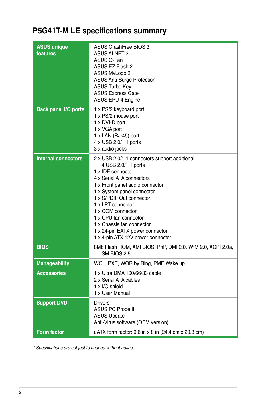 P5g41t-m le specifications summary | Asus P5G41T-M LE User Manual | Page 10 / 58