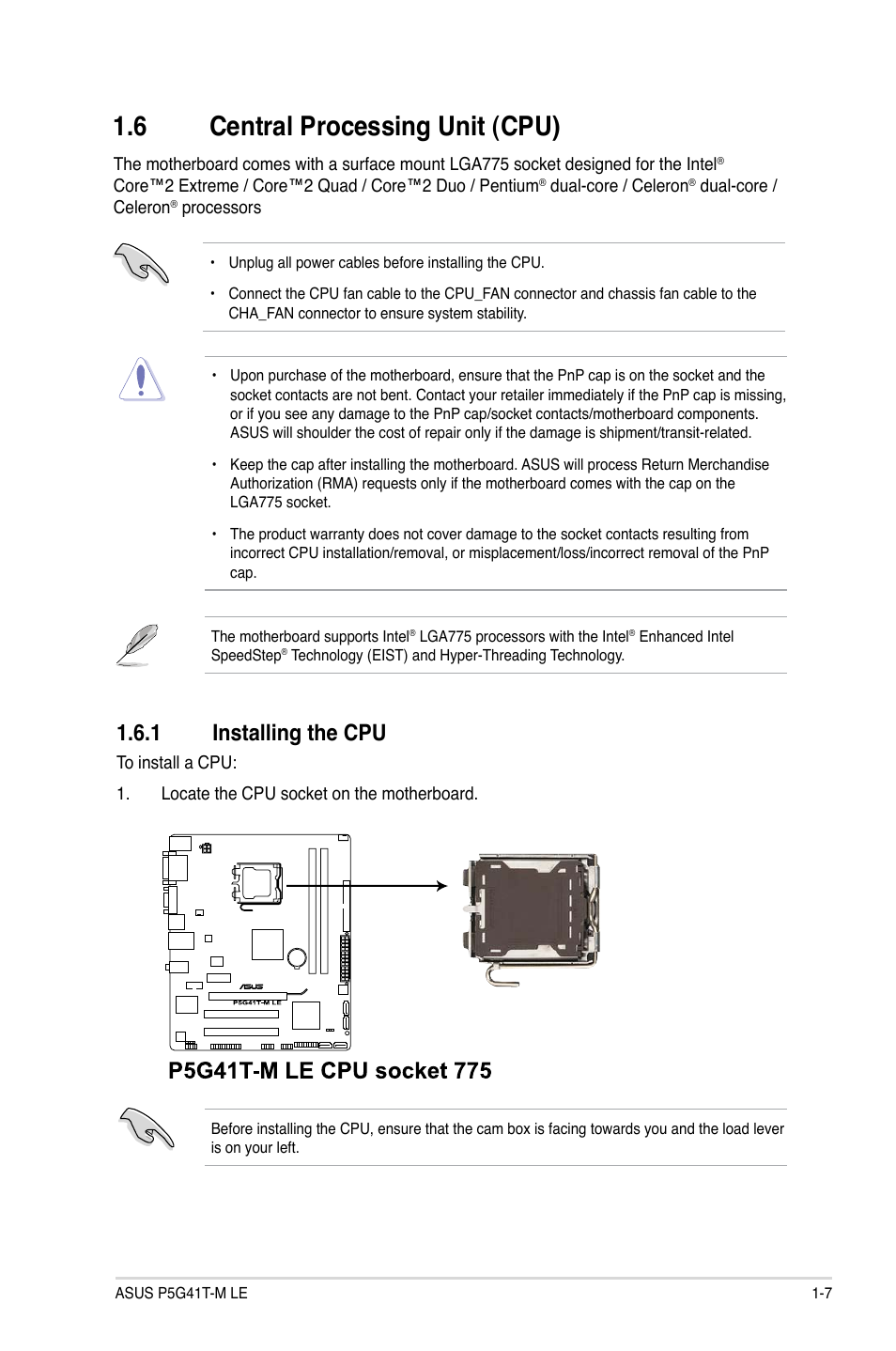 6 central processing unit (cpu), 1 installing the cpu, Central processing unit (cpu) -7 1.6.1 | Installing the cpu -7 | Asus P5G41T-M LE User Manual | Page 17 / 58