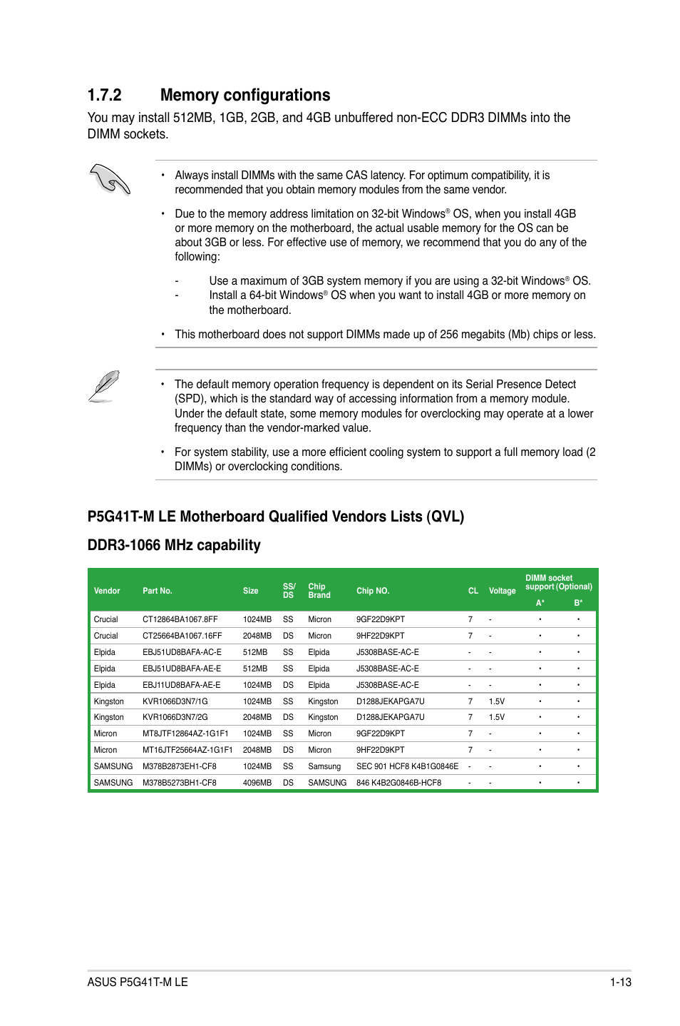 2 memory configurations, Memory configurations -13 | Asus P5G41T-M LE User Manual | Page 23 / 58