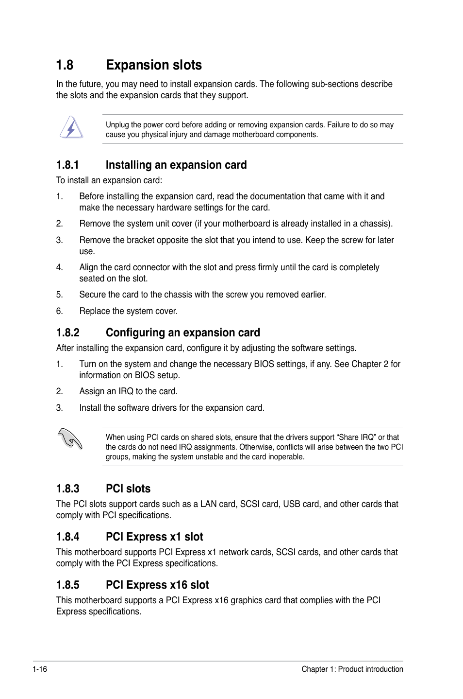 8 expansion slots, 1 installing an expansion card, 2 configuring an expansion card | 3 pci slots, 4 pci express x1 slot, 5 pci express x16 slot, Expansion slots -16 1.8.1, Installing an expansion card -16, Configuring an expansion card -16, Pci slots -16 | Asus P5G41T-M LE User Manual | Page 26 / 58