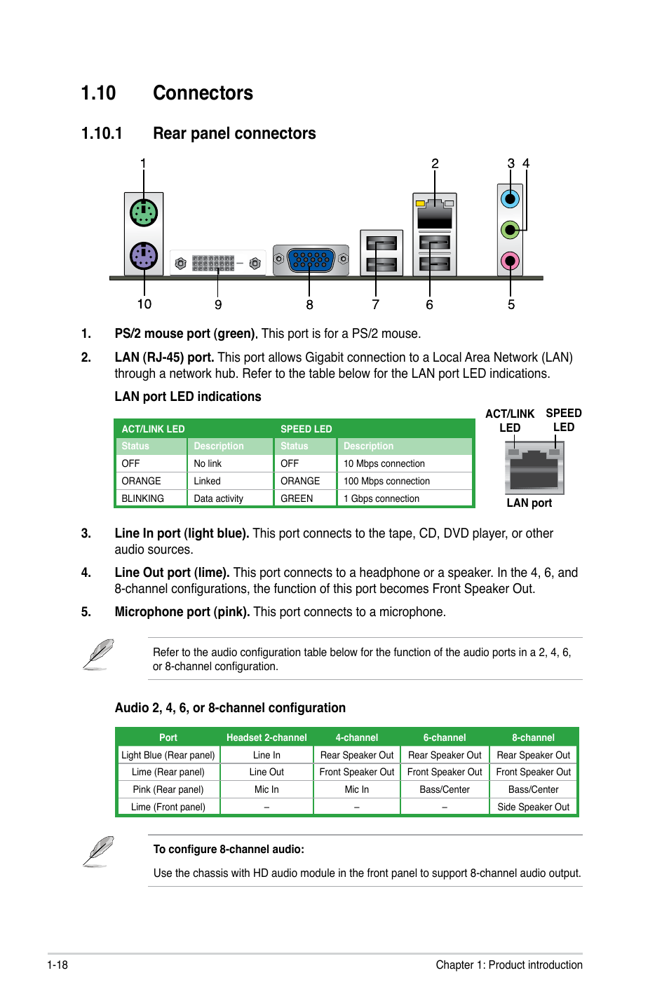 10 connectors, 1 rear panel connectors, 10 connectors -18 | 1 rear panel connectors -18 | Asus P5G41T-M LE User Manual | Page 28 / 58