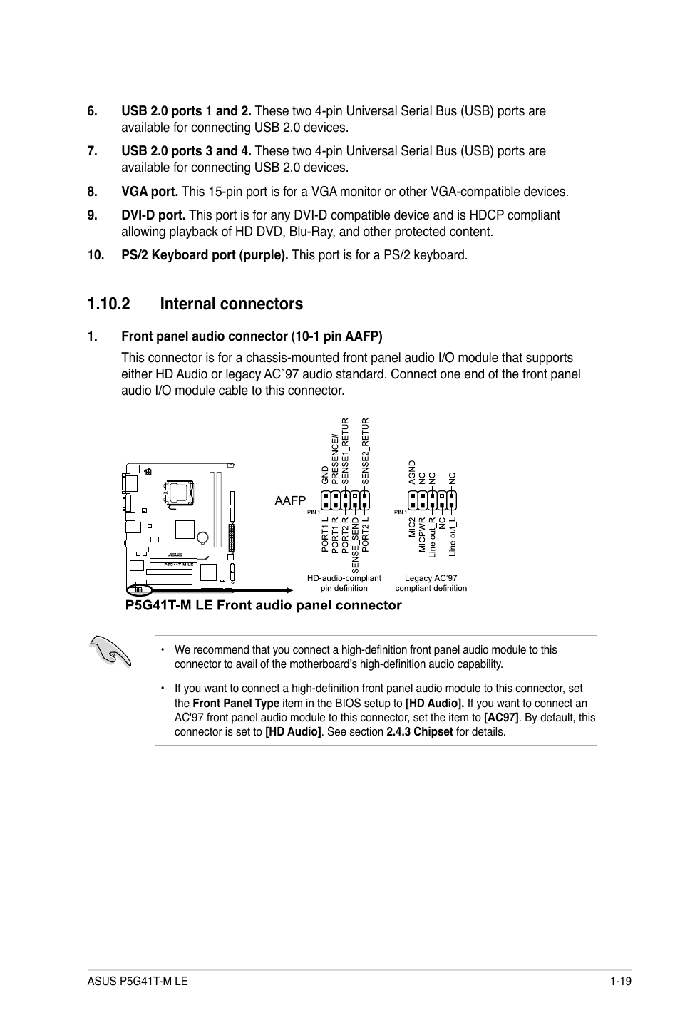 2 internal connectors, 2 internal connectors -19 | Asus P5G41T-M LE User Manual | Page 29 / 58