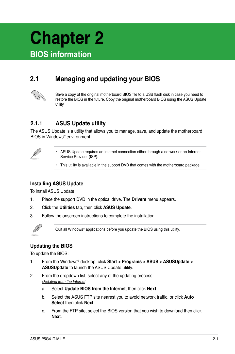 Chapter 2, Bios information, 1 managing and updating your bios | 1 asus update utility, Managing and updating your bios -1 2.1.1, Asus update utility -1 | Asus P5G41T-M LE User Manual | Page 37 / 58