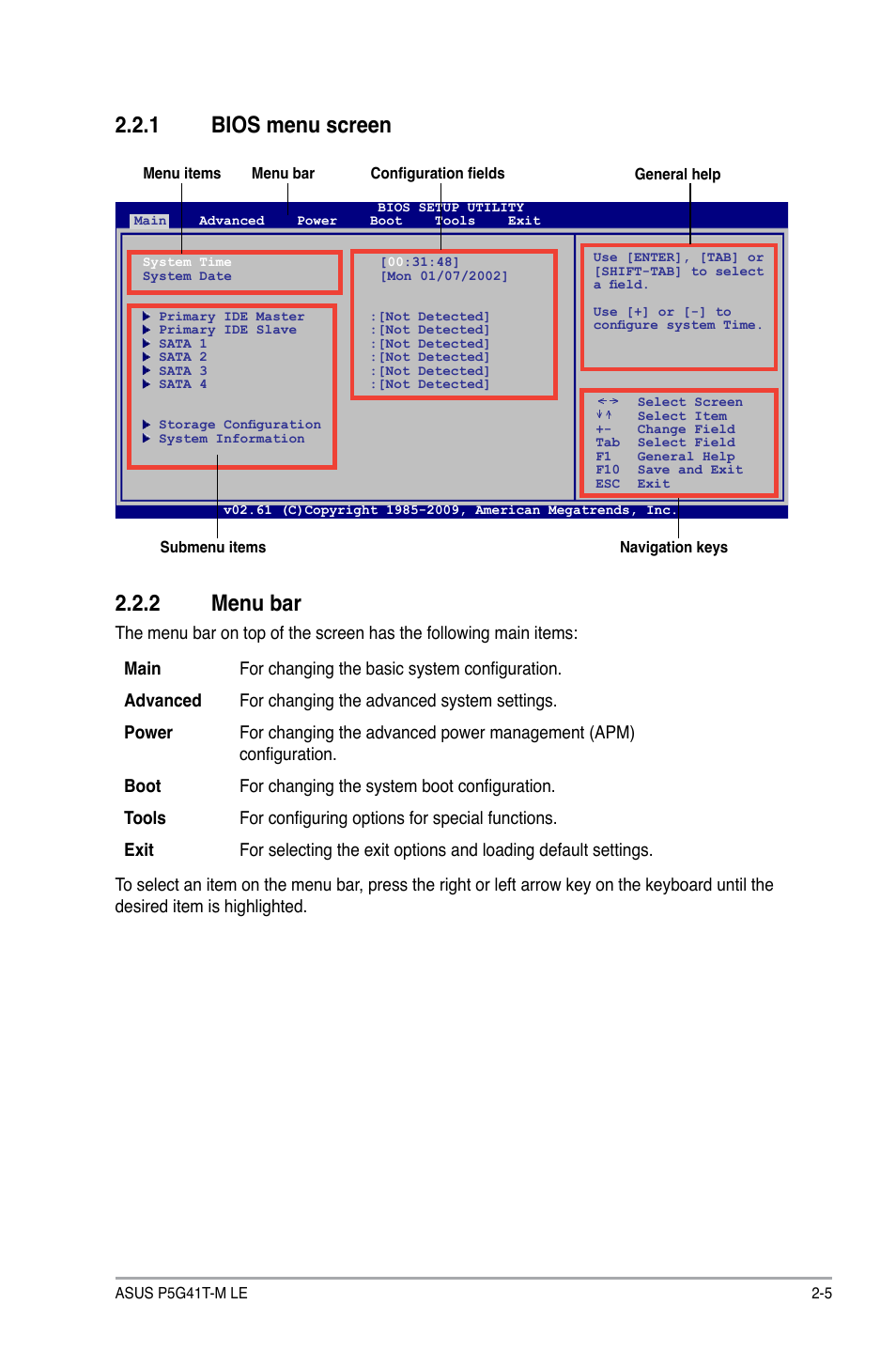 1 bios menu screen, 2 menu bar, Bios menu screen -5 | Menu bar -5 | Asus P5G41T-M LE User Manual | Page 41 / 58