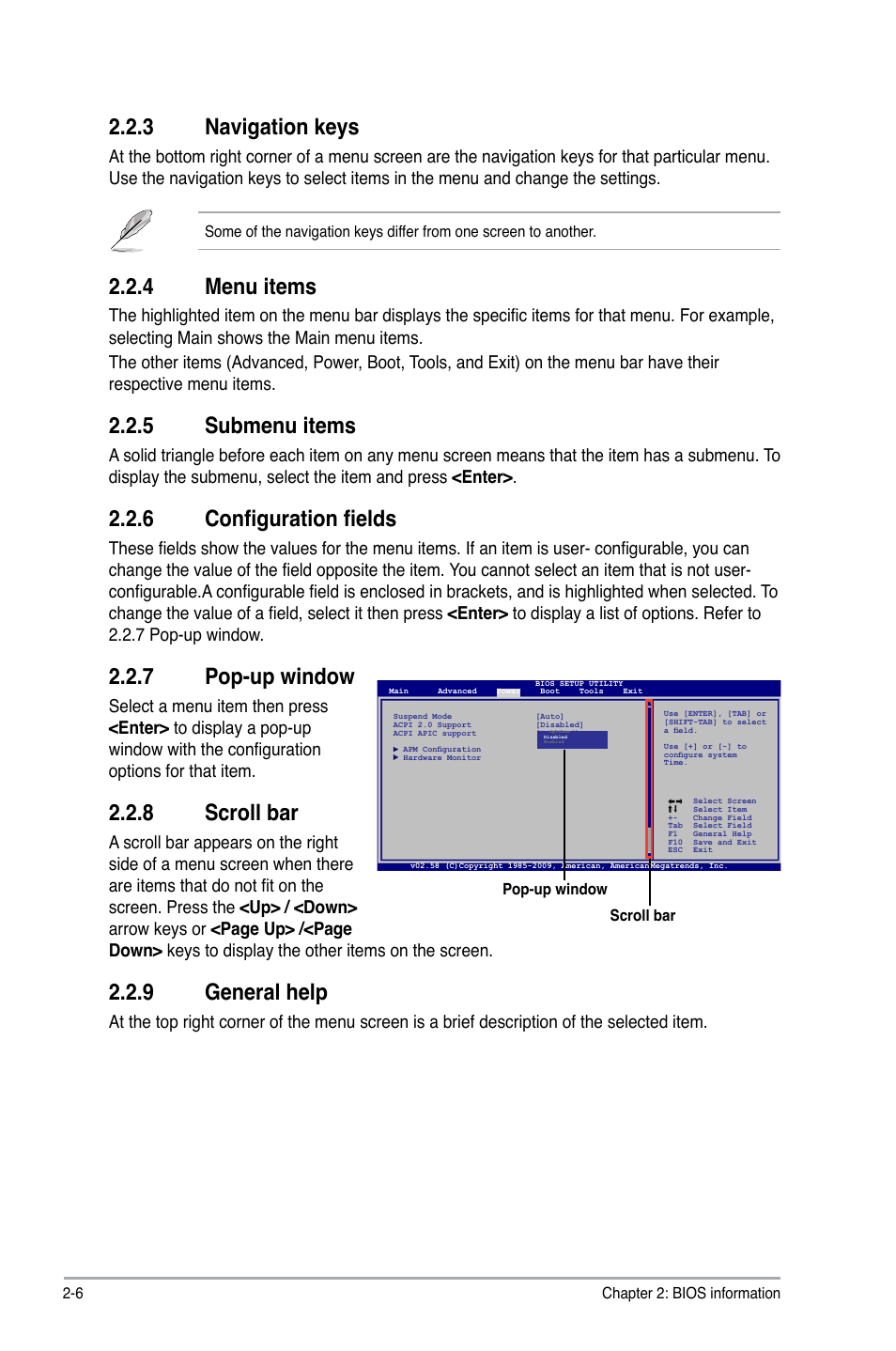 3 navigation keys, 4 menu items, 5 submenu items | 6 configuration fields, 7 pop-up window, 8 scroll bar, 9 general help, Navigation keys -6, Menu items -6, Submenu items -6 | Asus P5G41T-M LE User Manual | Page 42 / 58