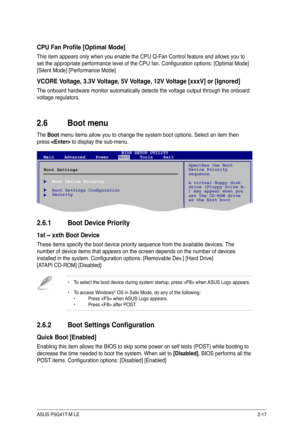 6 boot menu, 1 boot device priority, 2 boot settings configuration | Boot menu -17 2.6.1, Boot device priority -17, Boot settings configuration -17, 1st ~ xxth boot device, Quick boot [enabled, Cpu fan profile [optimal mode | Asus P5G41T-M LE User Manual | Page 53 / 58