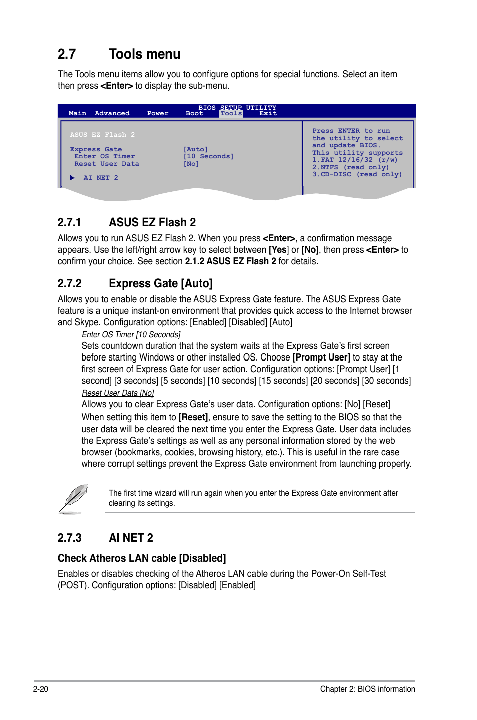7 tools menu, 1 asus ez flash 2, 2 express gate | 3 ai net 2, Tools menu -20 2.7.1, Asus ez flash 2 -20, Express gate -20, Ai net 2 -20, 2 express gate [auto | Asus P5G41T-M LE User Manual | Page 56 / 58