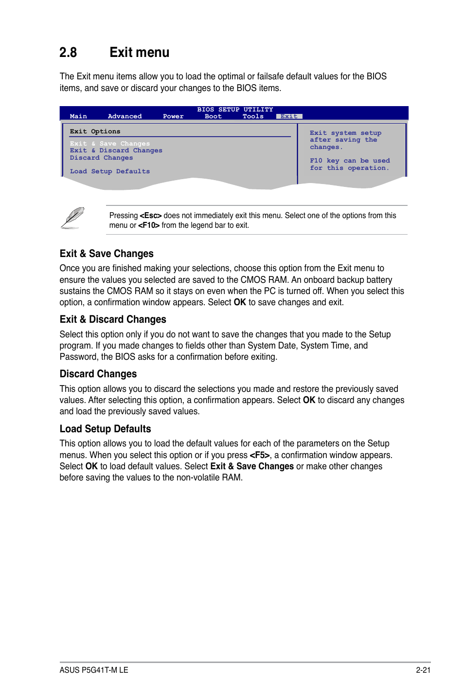 8 exit menu, Exit menu -21, Exit & save changes | Exit & discard changes, Discard changes, Load setup defaults | Asus P5G41T-M LE User Manual | Page 57 / 58
