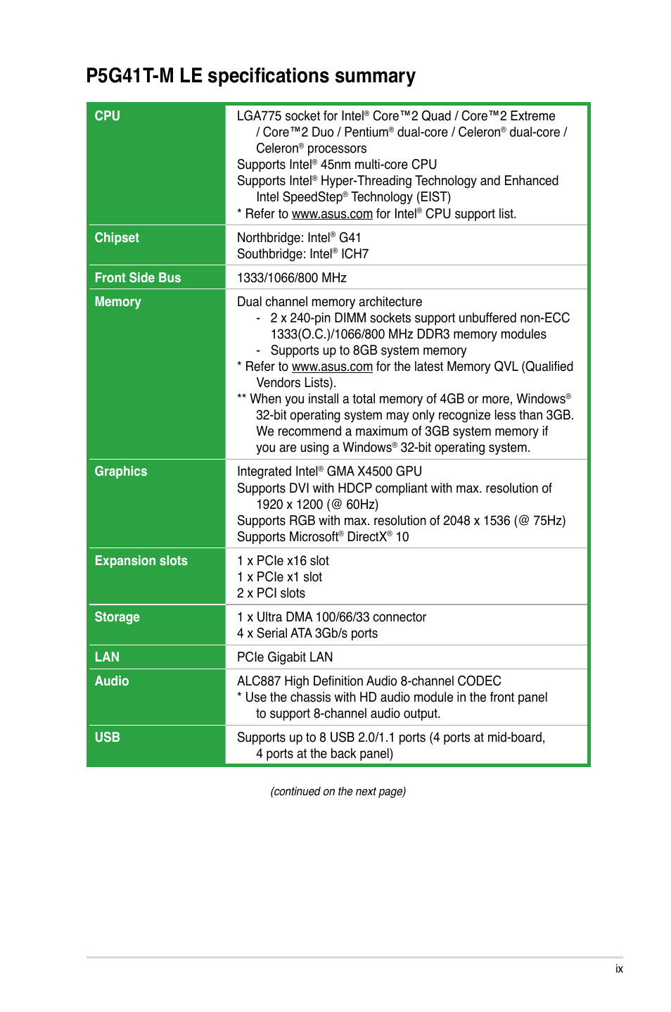P5g41t-m le specifications summary | Asus P5G41T-M LE User Manual | Page 9 / 58