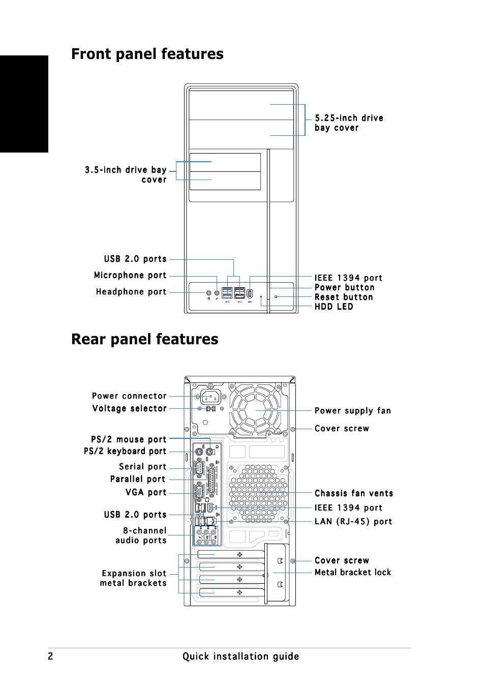 Rear panel features front panel features, English | Asus V2-PH1 User Manual | Page 2 / 100