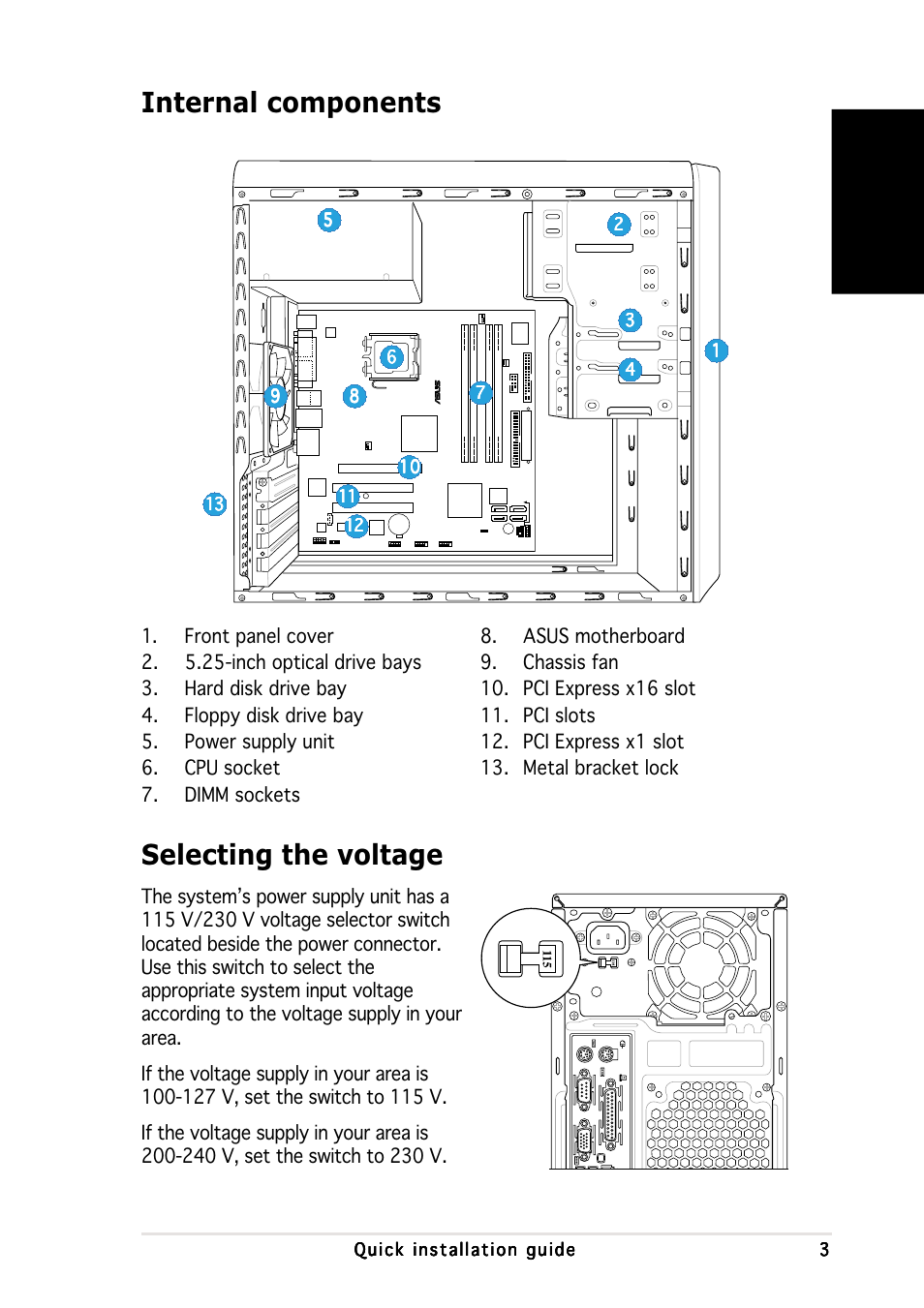 Selecting the voltage, Internal components, English | Asus V2-PH1 User Manual | Page 3 / 100