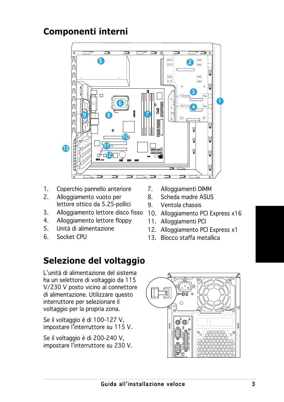 Componenti interni, Selezione del voltaggio, Italiano | Asus V2-PH1 User Manual | Page 33 / 100