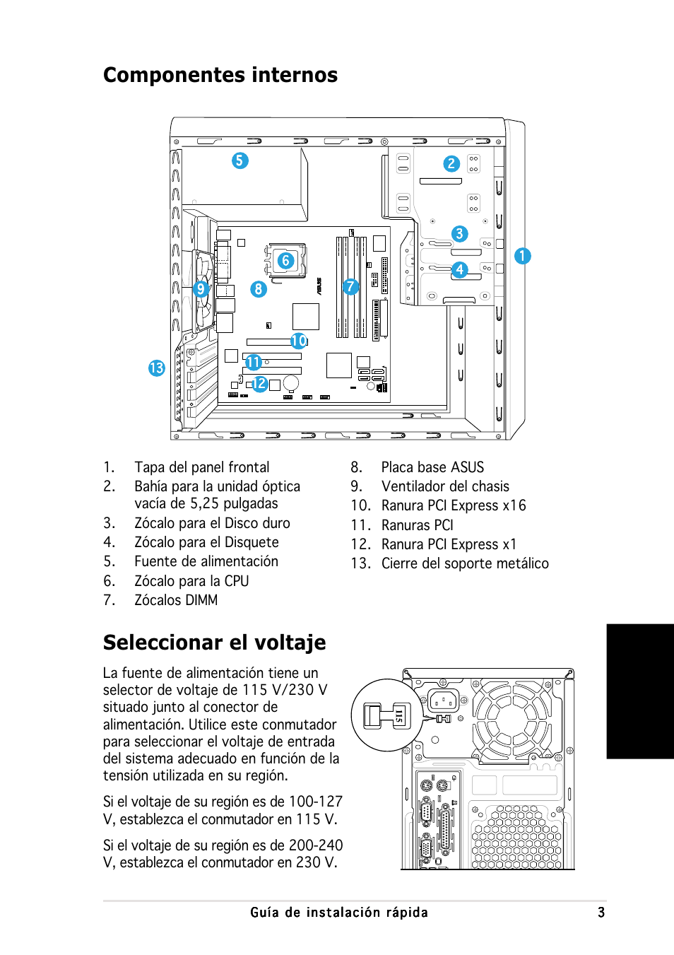 Componentes internos, Seleccionar el voltaje, Espa ñ ol | Asus V2-PH1 User Manual | Page 43 / 100