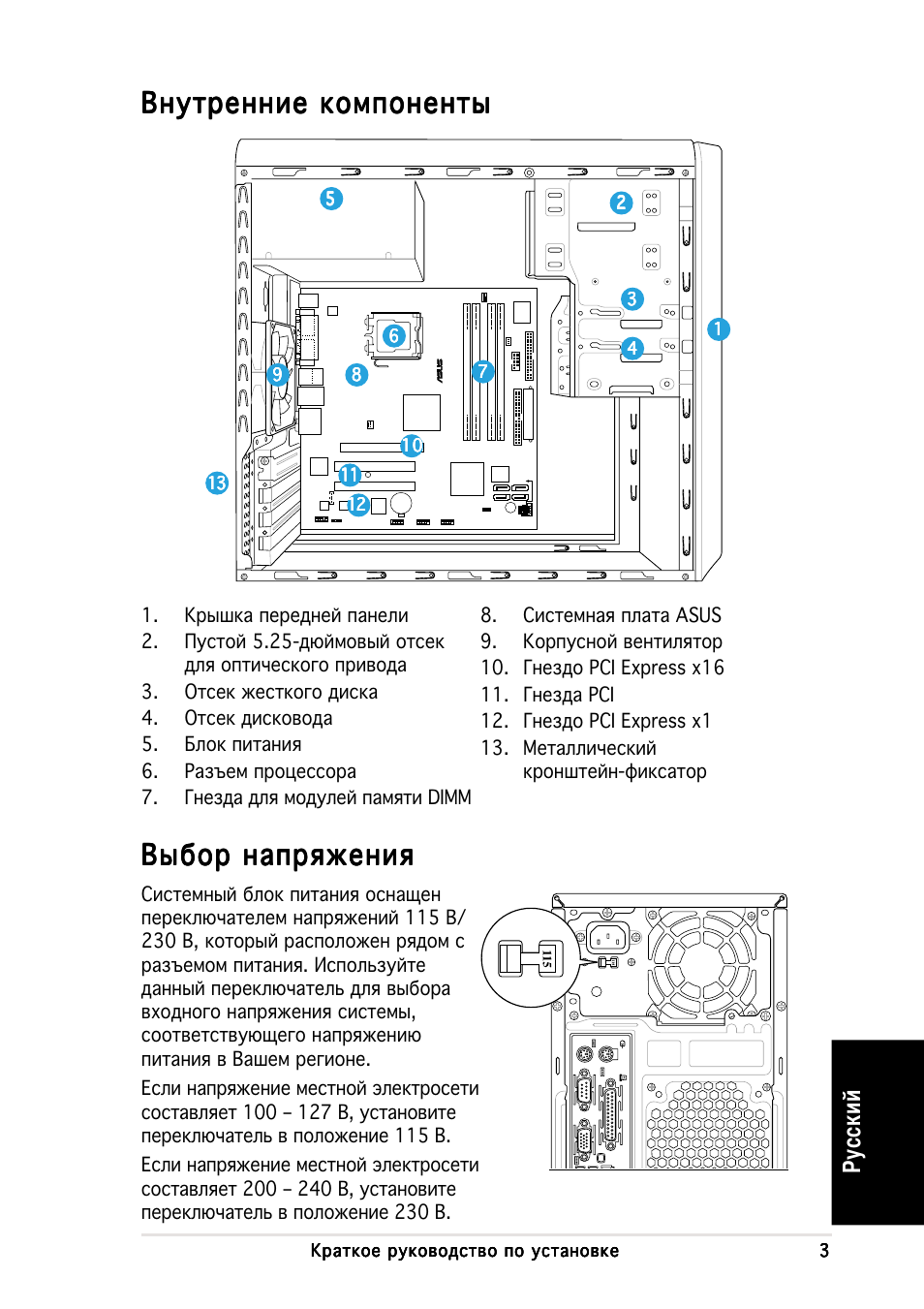 Нутренние компоненты, Ыбор напряжения, Усский | Asus V2-PH1 User Manual | Page 53 / 100