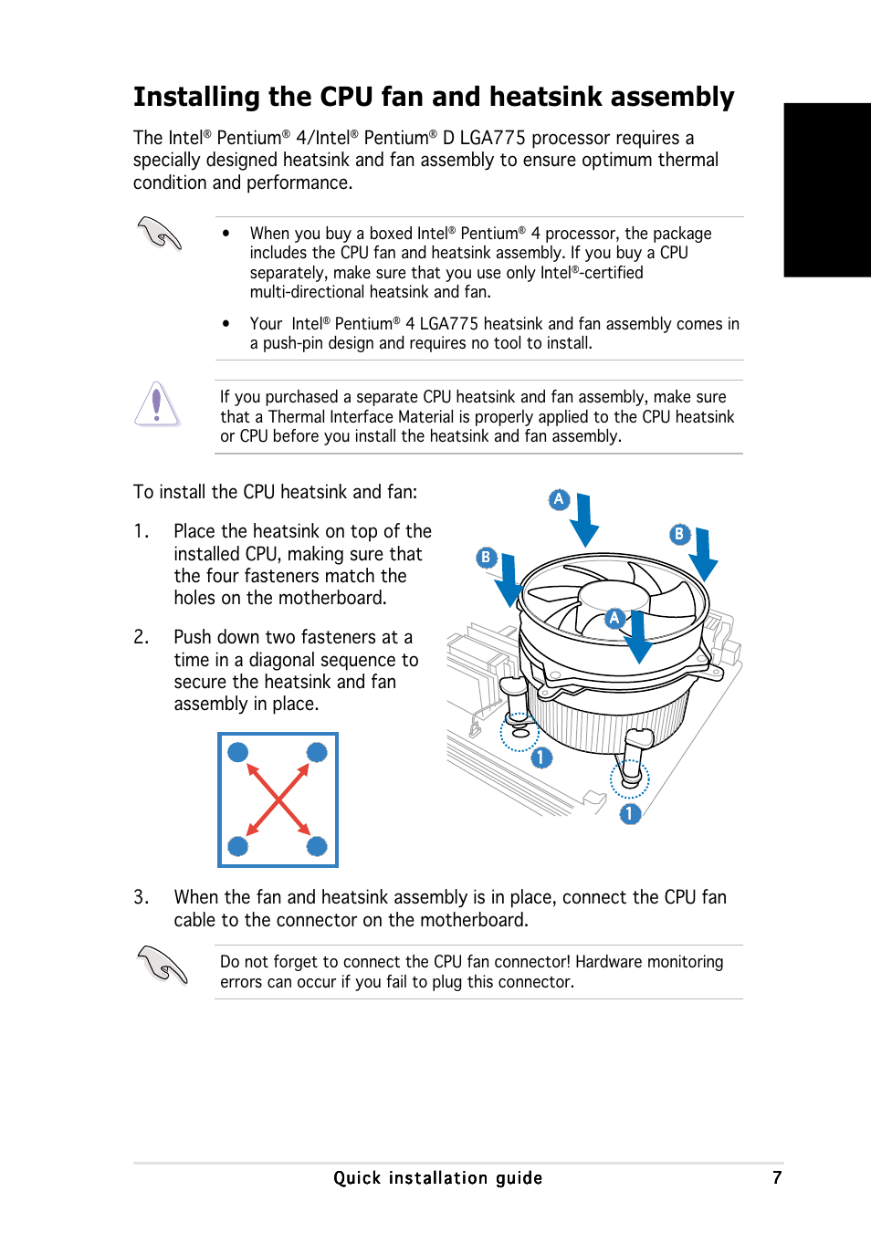 Installing the cpu fan and heatsink assembly, English, The intel | Pentium, 4/intel | Asus V2-PH1 User Manual | Page 7 / 100