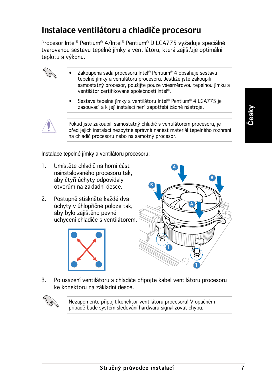 Instalace ventilátoru a chladiče procesoru, Česky, Procesor intel | Pentium, 4/intel | Asus V2-PH1 User Manual | Page 77 / 100