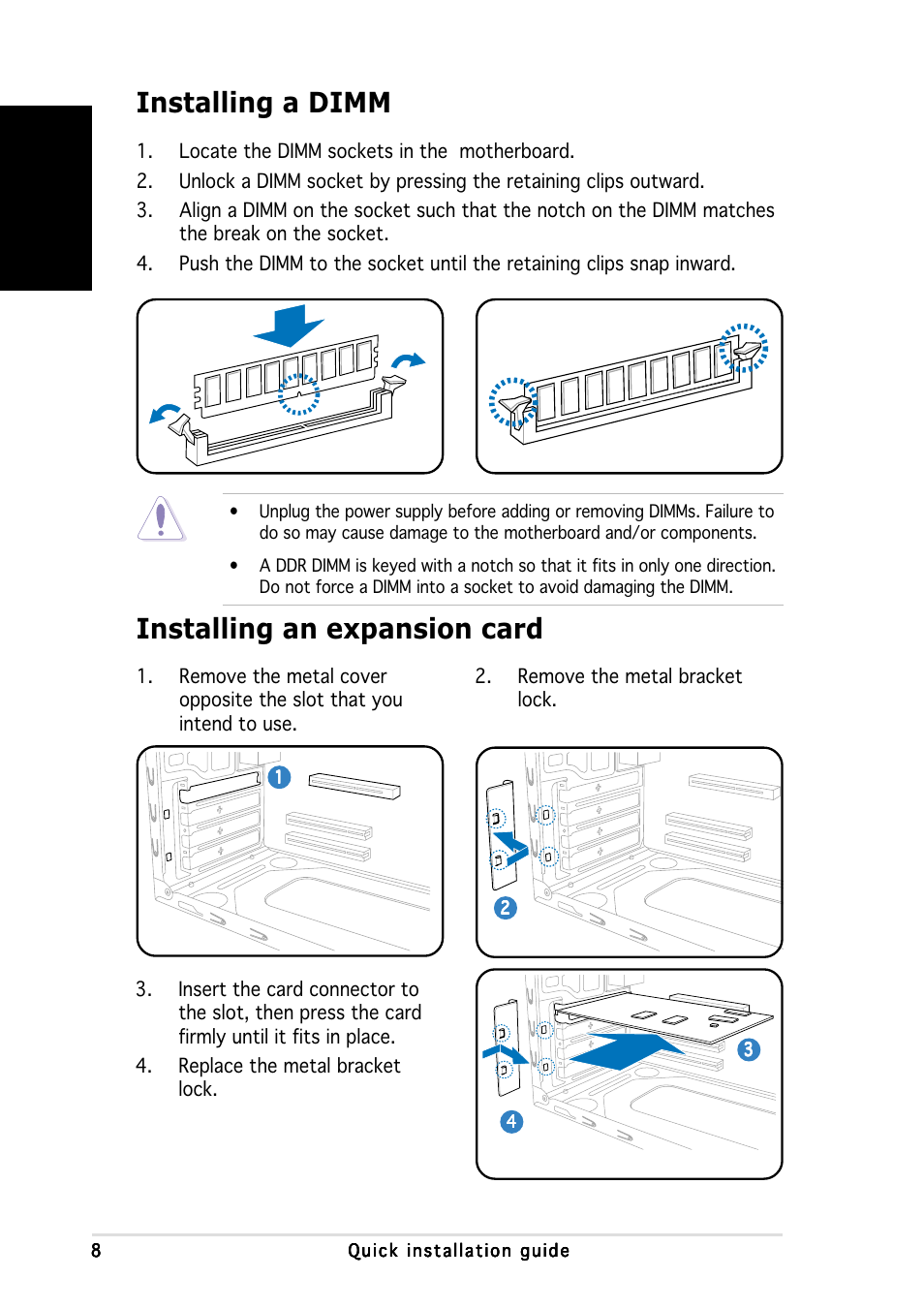 Installing an expansion card installing a dimm, English | Asus V2-PH1 User Manual | Page 8 / 100