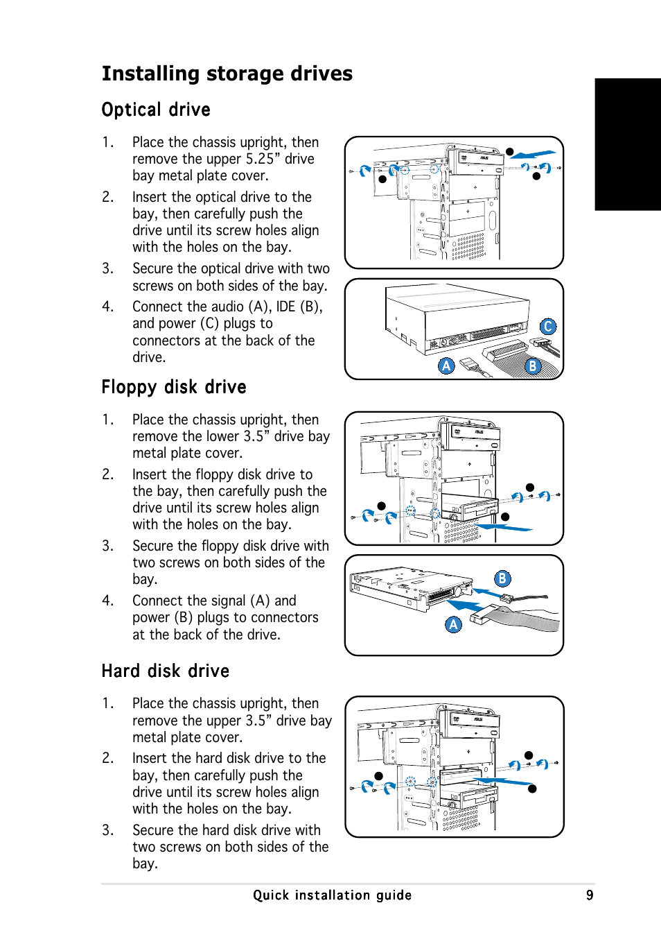 Installing storage drives, English, Optical drive | Floppy disk drive, Hard disk drive | Asus V2-PH1 User Manual | Page 9 / 100