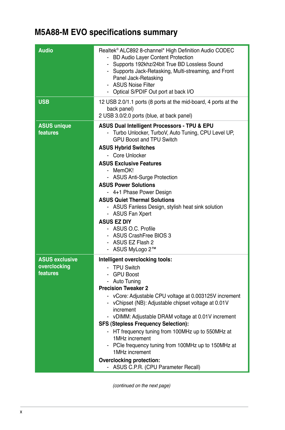 M5a88-m evo specifications summary | Asus M5A88-M EVO User Manual | Page 10 / 80