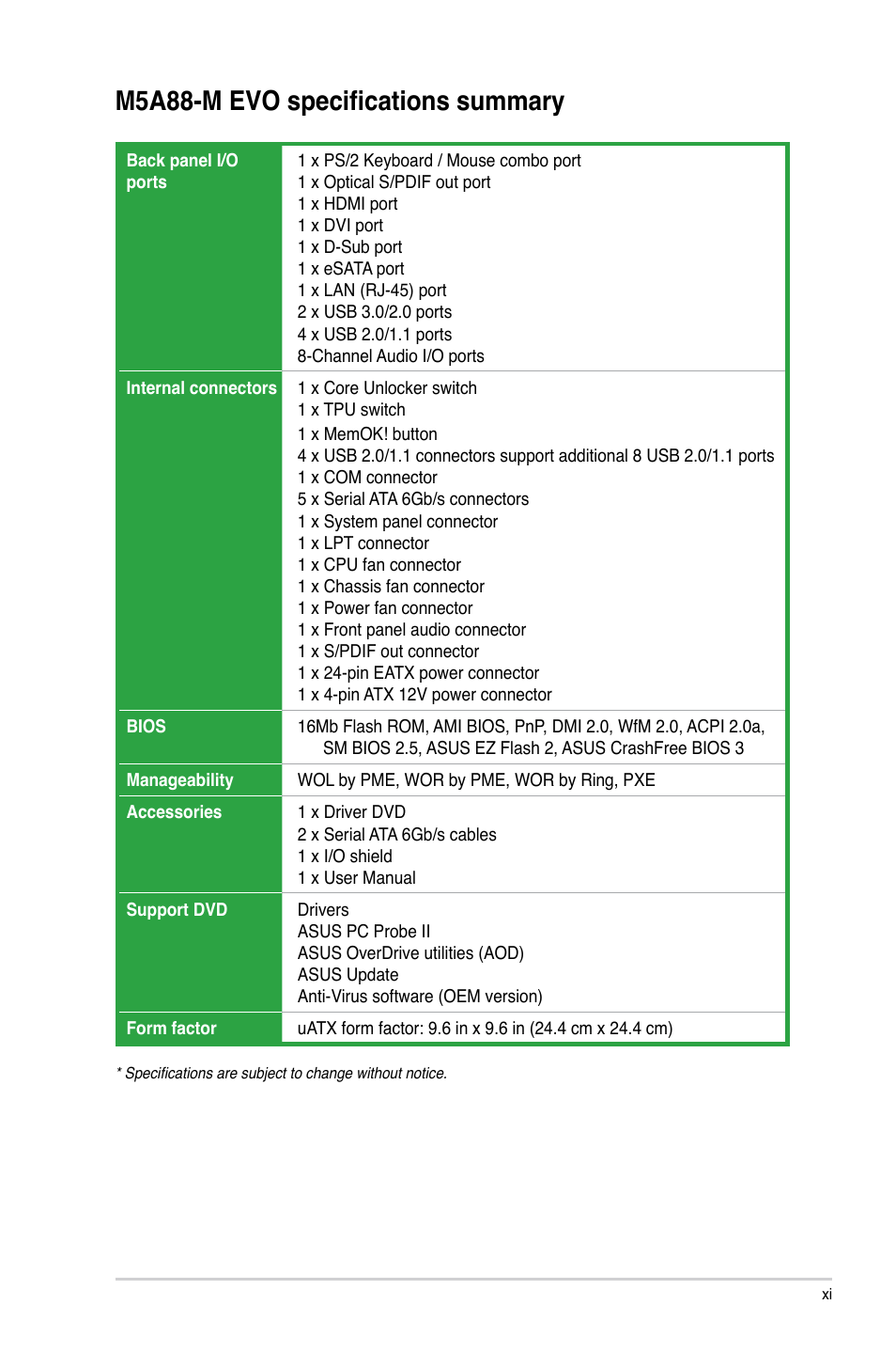 M5a88-m evo specifications summary | Asus M5A88-M EVO User Manual | Page 11 / 80