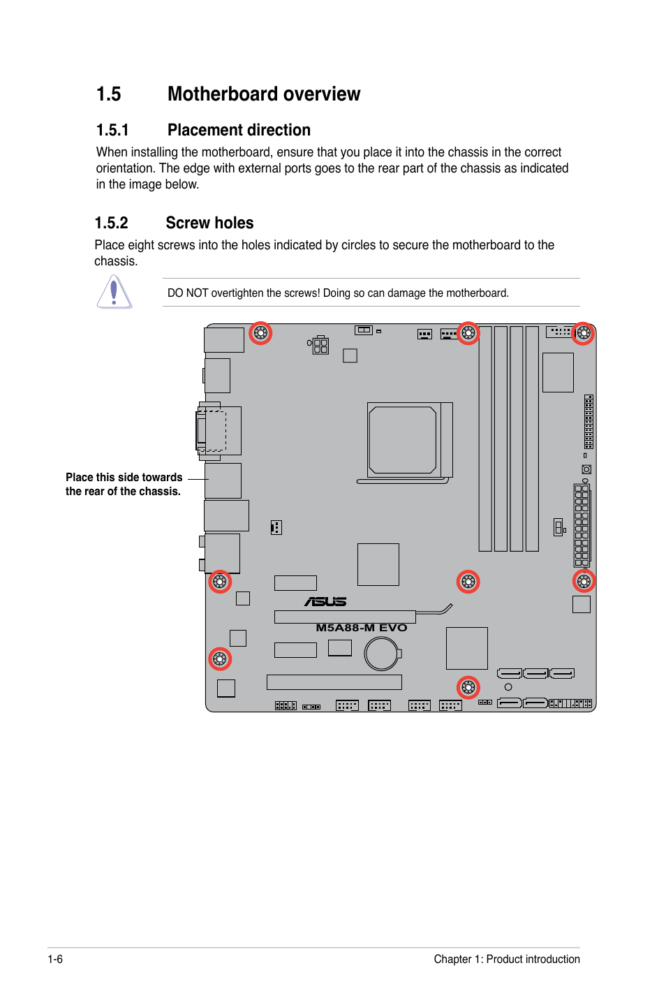 5 motherboard overview, 1 placement direction, 2 screw holes | Asus M5A88-M EVO User Manual | Page 18 / 80