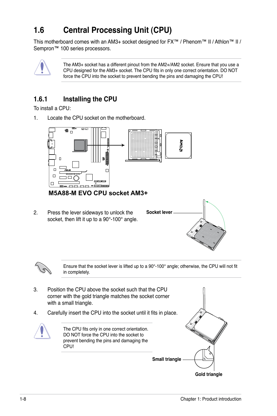 6 central processing unit (cpu), 1 installing the cpu | Asus M5A88-M EVO User Manual | Page 20 / 80