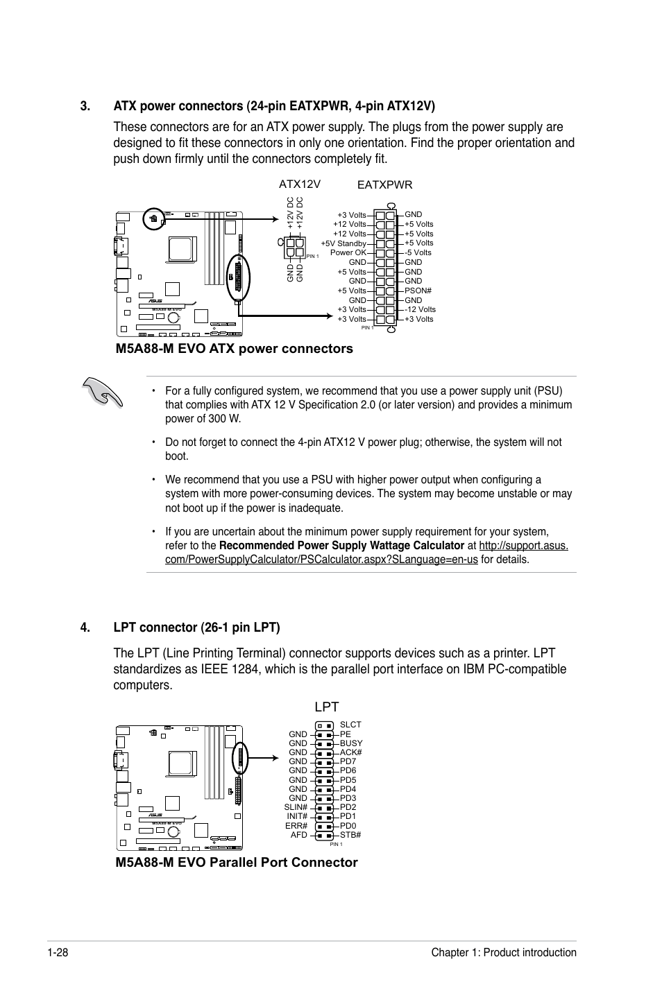 M5a88-m evo atx power connectors, M5a88-m evo parallel port connector lpt | Asus M5A88-M EVO User Manual | Page 40 / 80