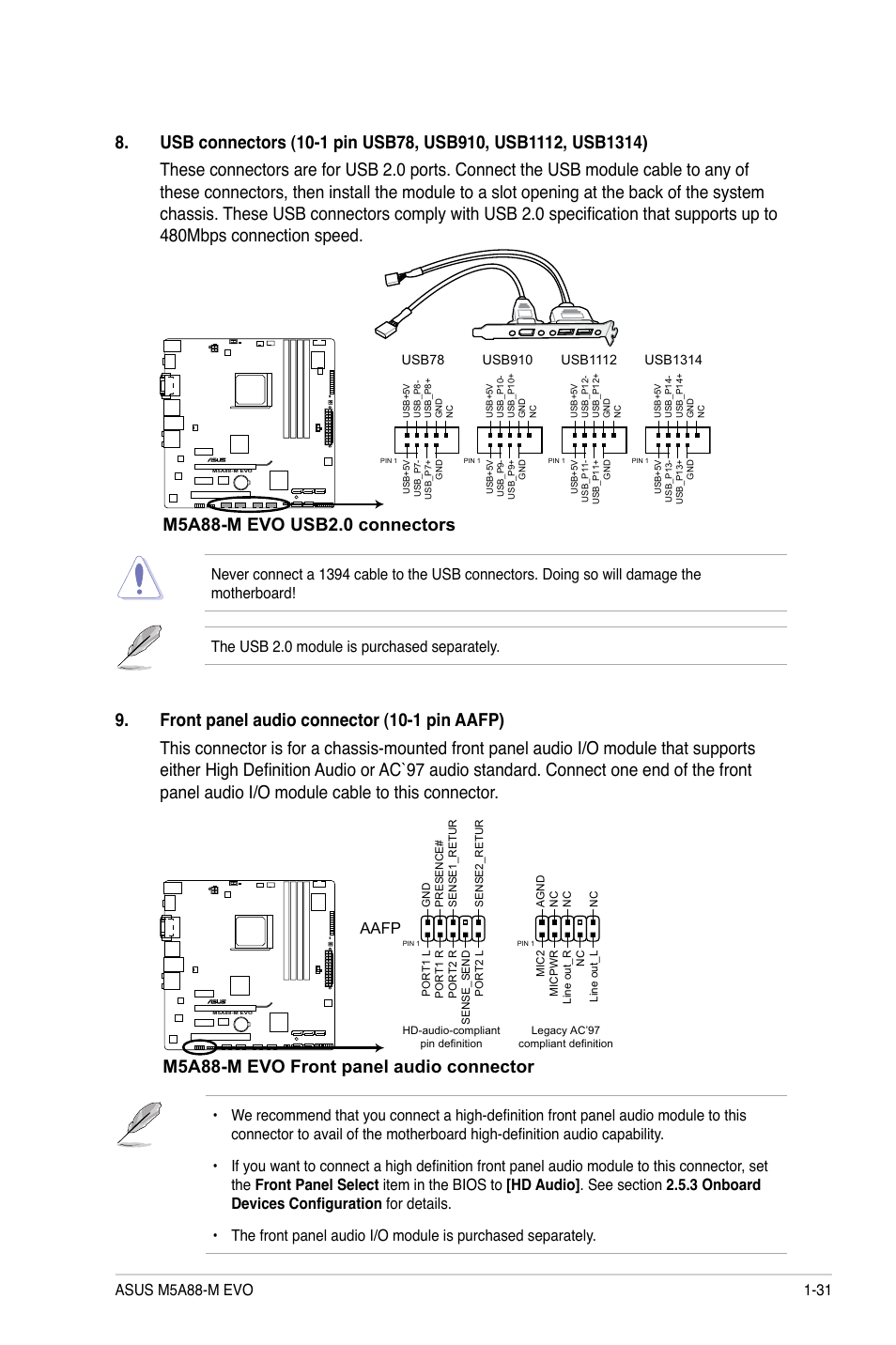 M5a88-m evo front panel audio connector, Aafp | Asus M5A88-M EVO User Manual | Page 43 / 80