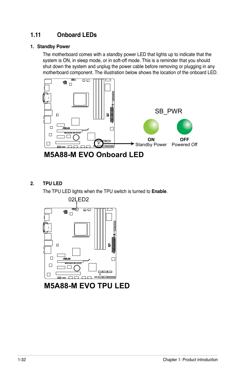 M5a88-m evo onboard led, M5a88-m evo tpu led, Sb_pwr | 11 onboard leds | Asus M5A88-M EVO User Manual | Page 44 / 80