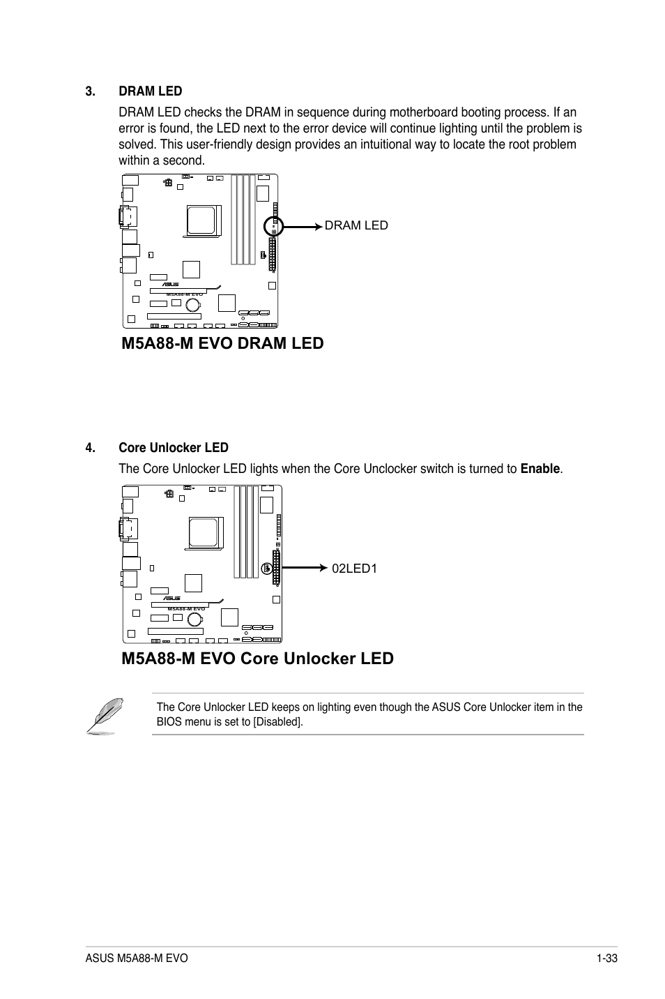 M5a88-m evo core unlocker led, M5a88-m evo dram led | Asus M5A88-M EVO User Manual | Page 45 / 80