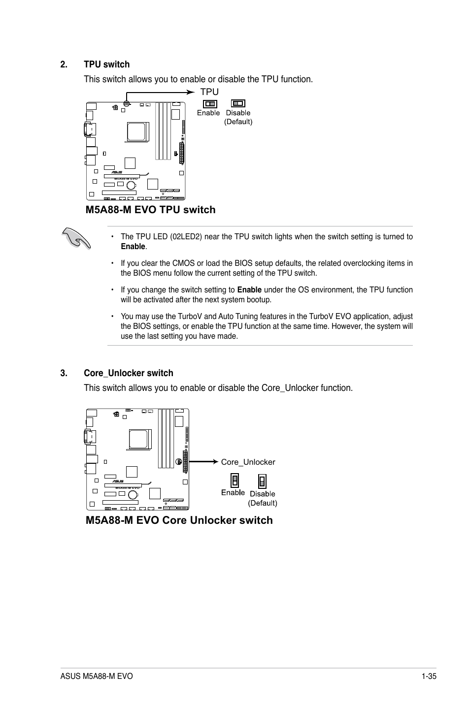 M5a88-m evo core unlocker switch, M5a88-m evo tpu switch | Asus M5A88-M EVO User Manual | Page 47 / 80