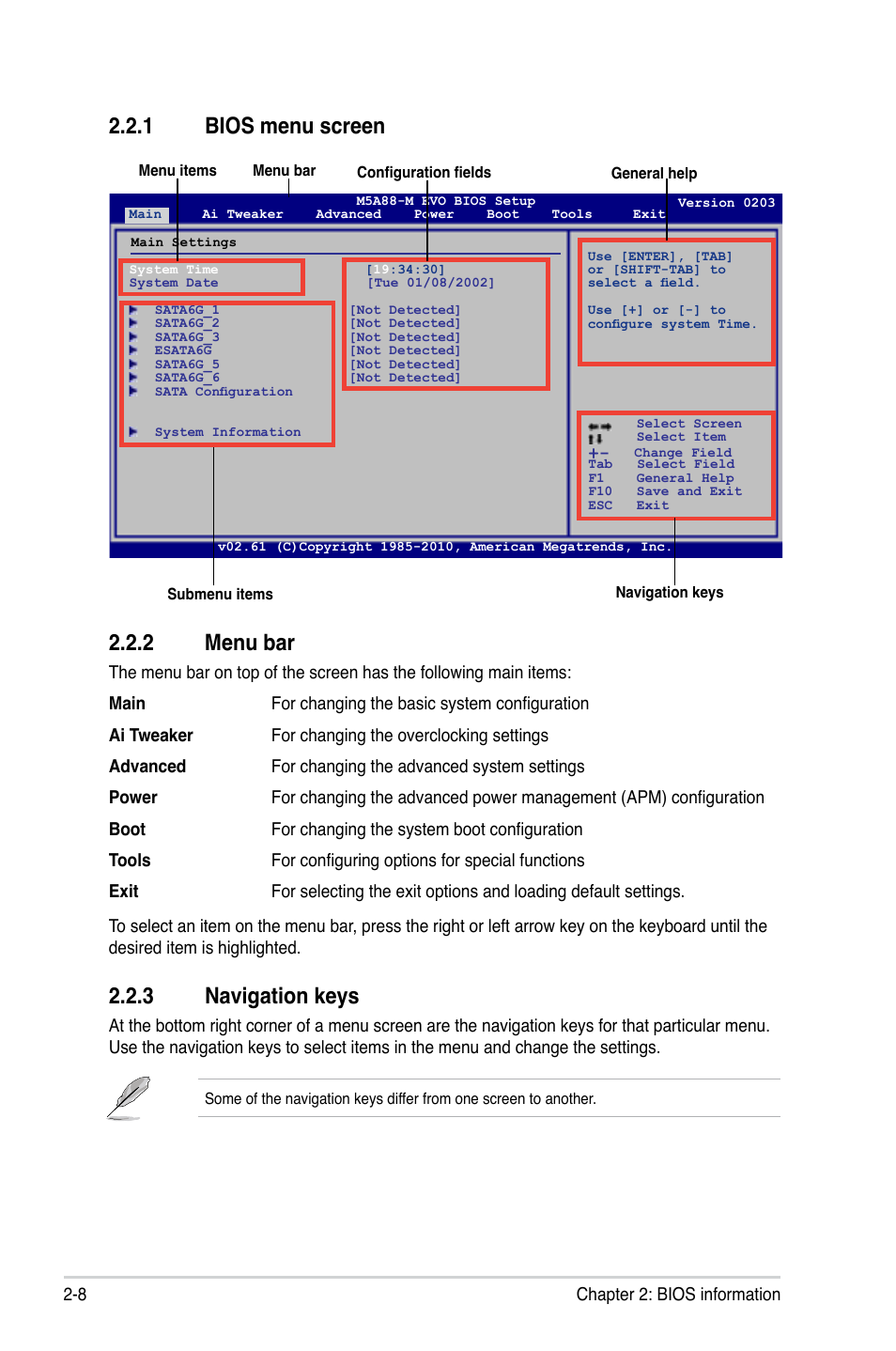 1 bios menu screen 2.2.2 menu bar, 3 navigation keys | Asus M5A88-M EVO User Manual | Page 56 / 80