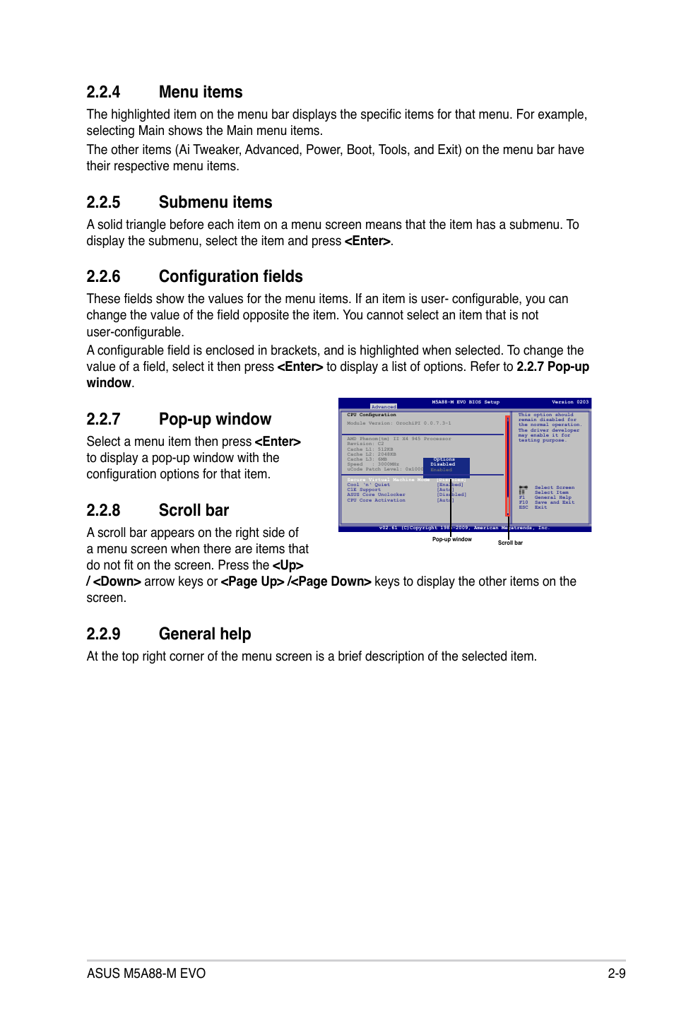 4 menu items, 5 submenu items, 6 configuration fields | 7 pop-up window, 8 scroll bar, 9 general help | Asus M5A88-M EVO User Manual | Page 57 / 80