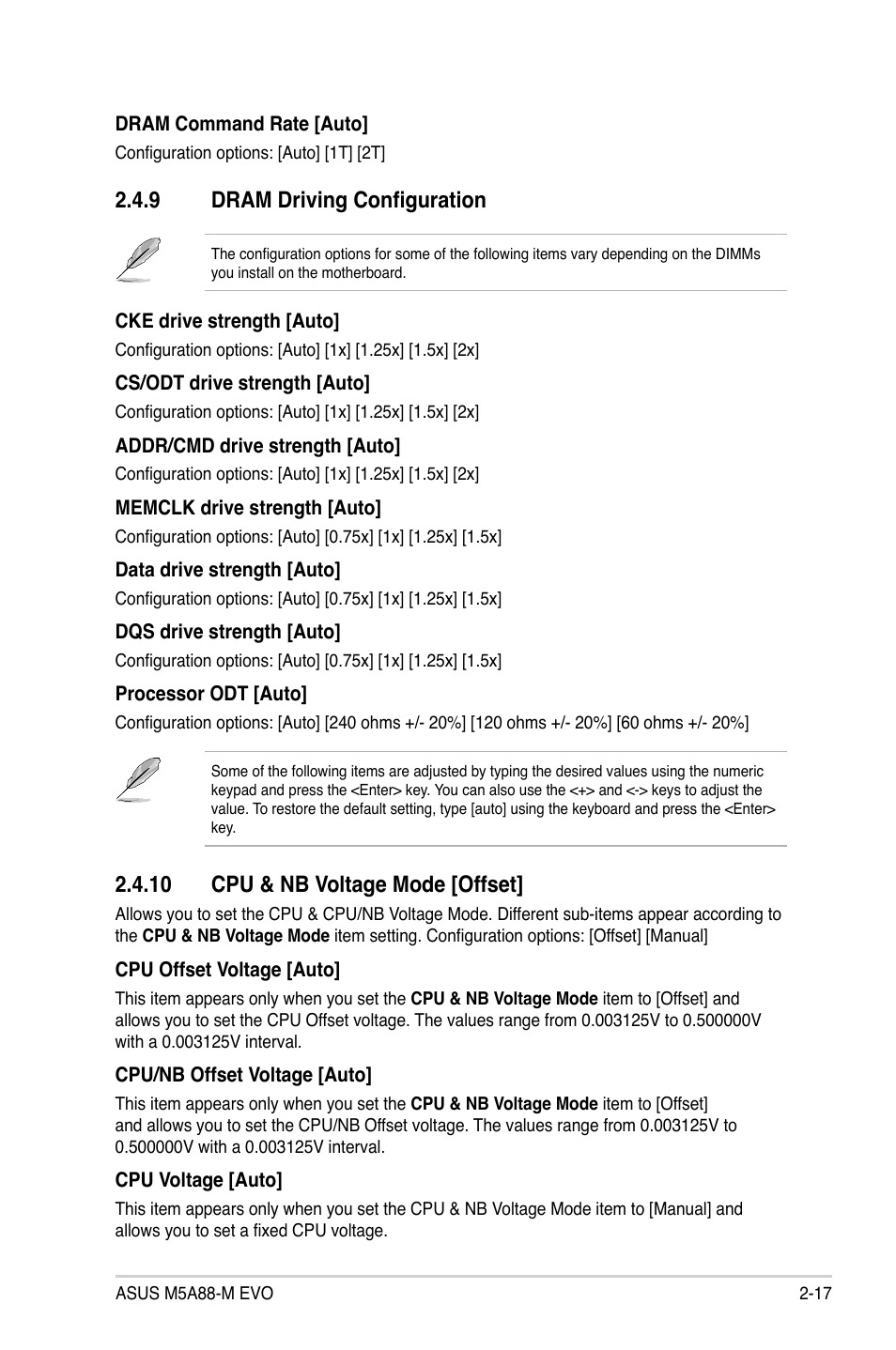 9 dram driving configuration, 10 cpu & nb voltage mode [offset | Asus M5A88-M EVO User Manual | Page 65 / 80