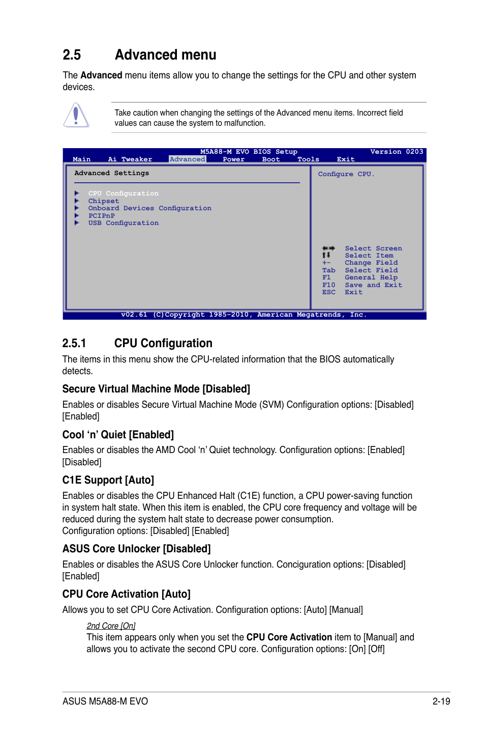 5 advanced menu, 1 cpu configuration | Asus M5A88-M EVO User Manual | Page 67 / 80