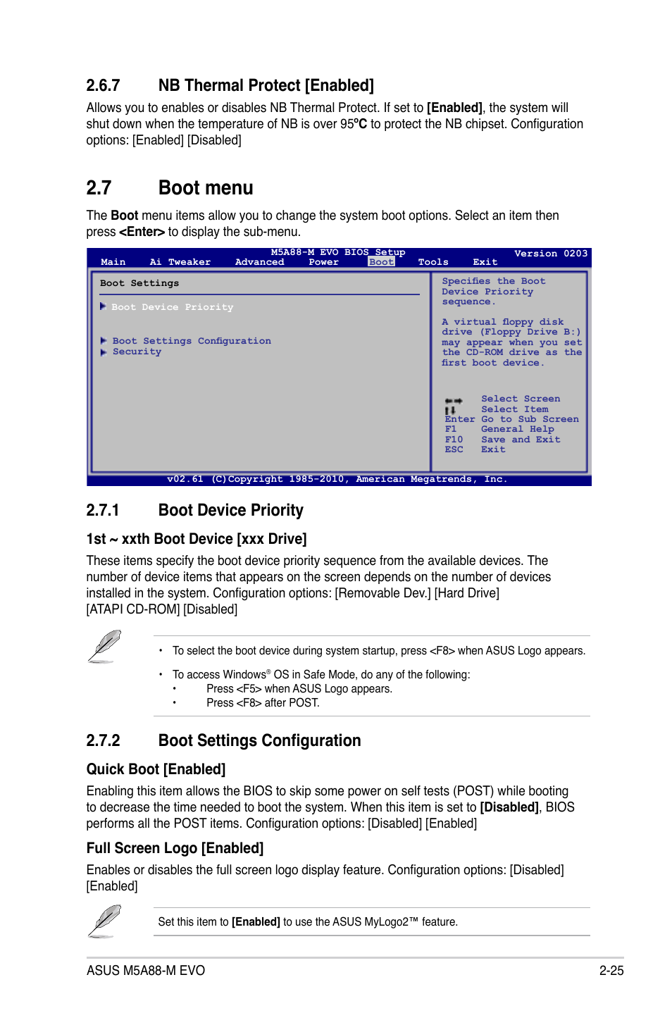 7 boot menu, 1 boot device priority, 2 boot settings configuration | 7 nb thermal protect [enabled, 1st ~ xxth boot device [xxx drive, Quick boot [enabled, Full screen logo [enabled | Asus M5A88-M EVO User Manual | Page 73 / 80